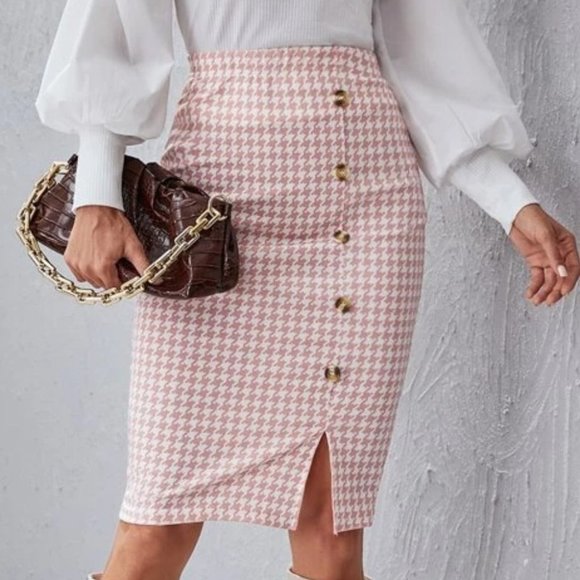 MODA ME COUTURE Dresses & Skirts - Button Detailed Houndstooth Print Midi Skirt - pink